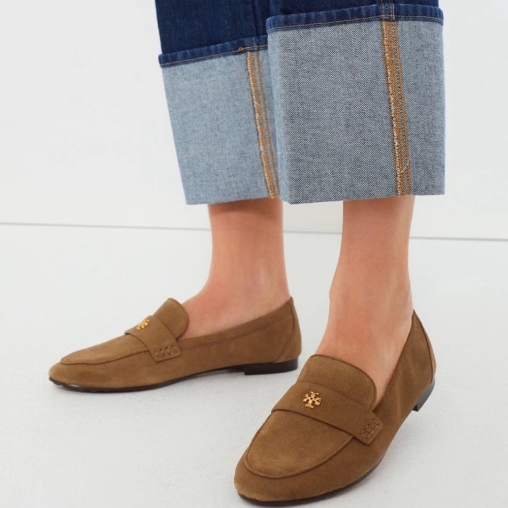 Tory Burch Tan Suede Loafers with Gold Accent